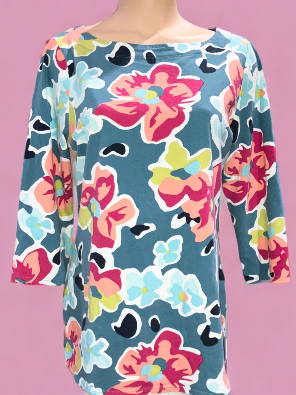 Christopher & Banks Blue Floral Print 3/4 Sleeves Boatneck Stretch Shirt Top S
